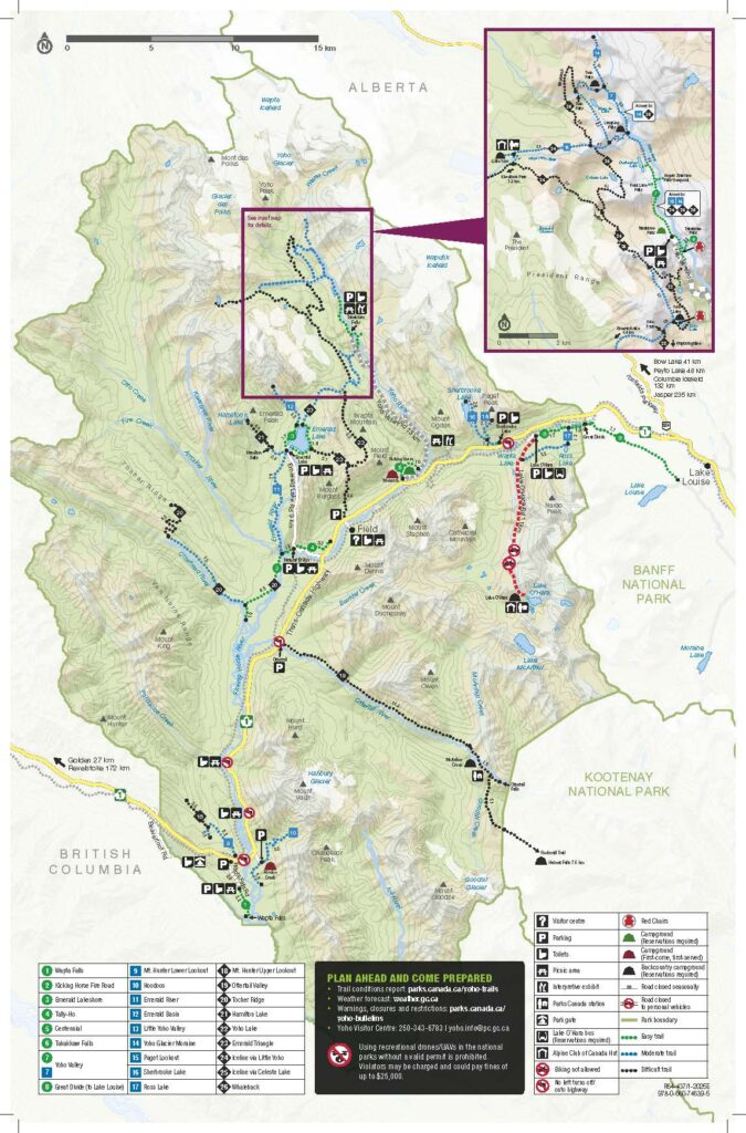 Kaart NP Yoho wandelroutes